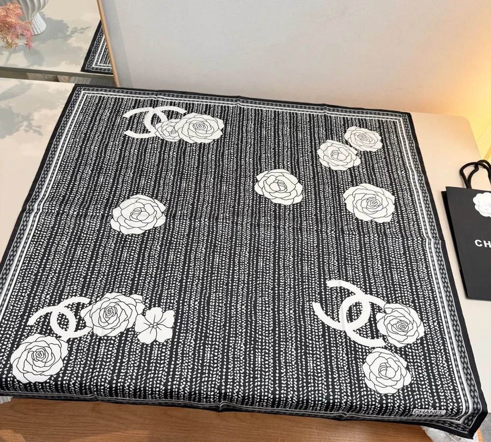 Chanel Polka Dot & Camellia Silk Scarf (Black & White)